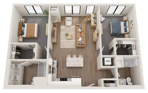 Floor plan for 2 beds, 2 baths, 1039 sqft